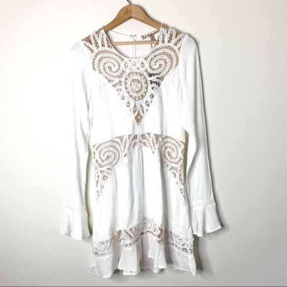 For Love and Lemons Valentina Mini Dress Lace  Flare Sleeve Lace Crochet White - Picture 5 of 16